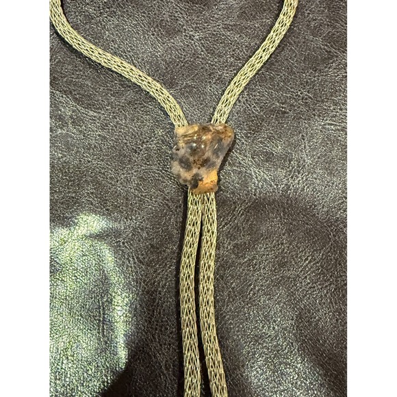 Vintage Raw Stone Bolo Tie Silver Tone Metal Mesh Cord Western Southwestern